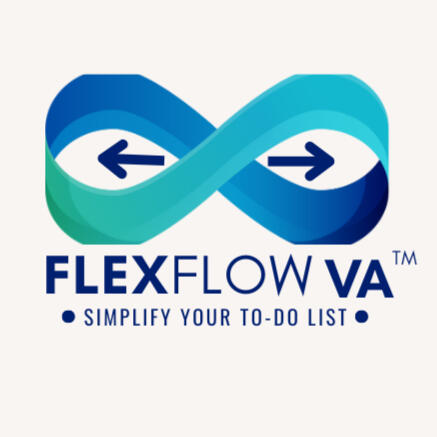 Image inside circle, white background. Blue and light green infinity symbol, arrow pointing to the outside loop on each side. Below image text, Flex Flow VA with trademark symbol, simplify your to do list. End of image.